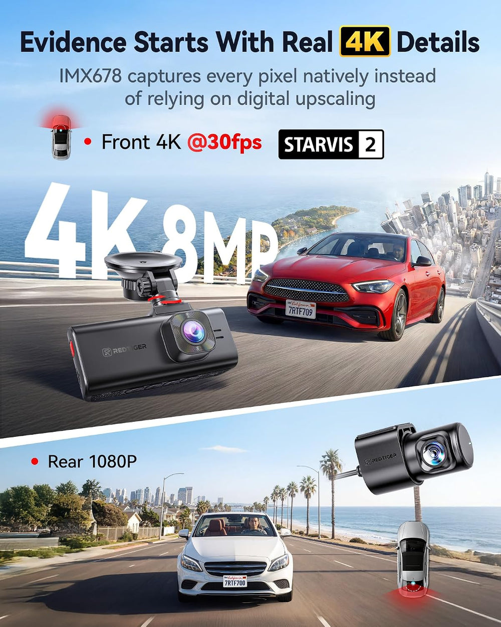 REDTIGER F7NA 4K 8MP Dashcam Front Rear, STARVIS 2 IMX678, 5GHz WiFi 20MB/s