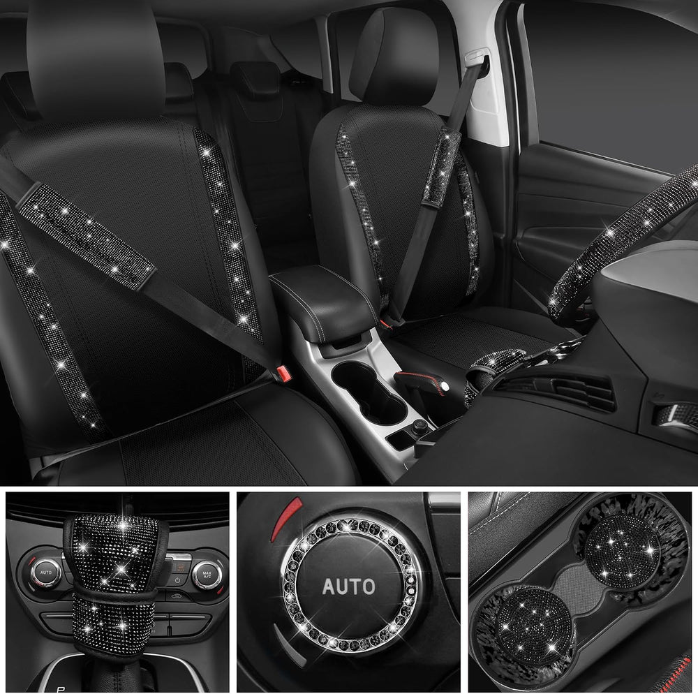 CAR PASS Bling Diamond Leather Car Seat Covers 11 PCS, Sparkly Rhinestone Ste...