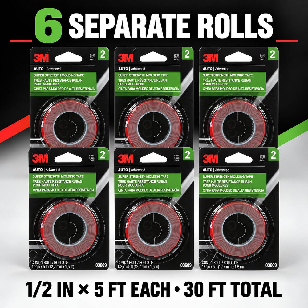 3M Super Strength Molding Tape 03609, 1/2 in x 5 ft, 6 Rolls (30 ft Total)