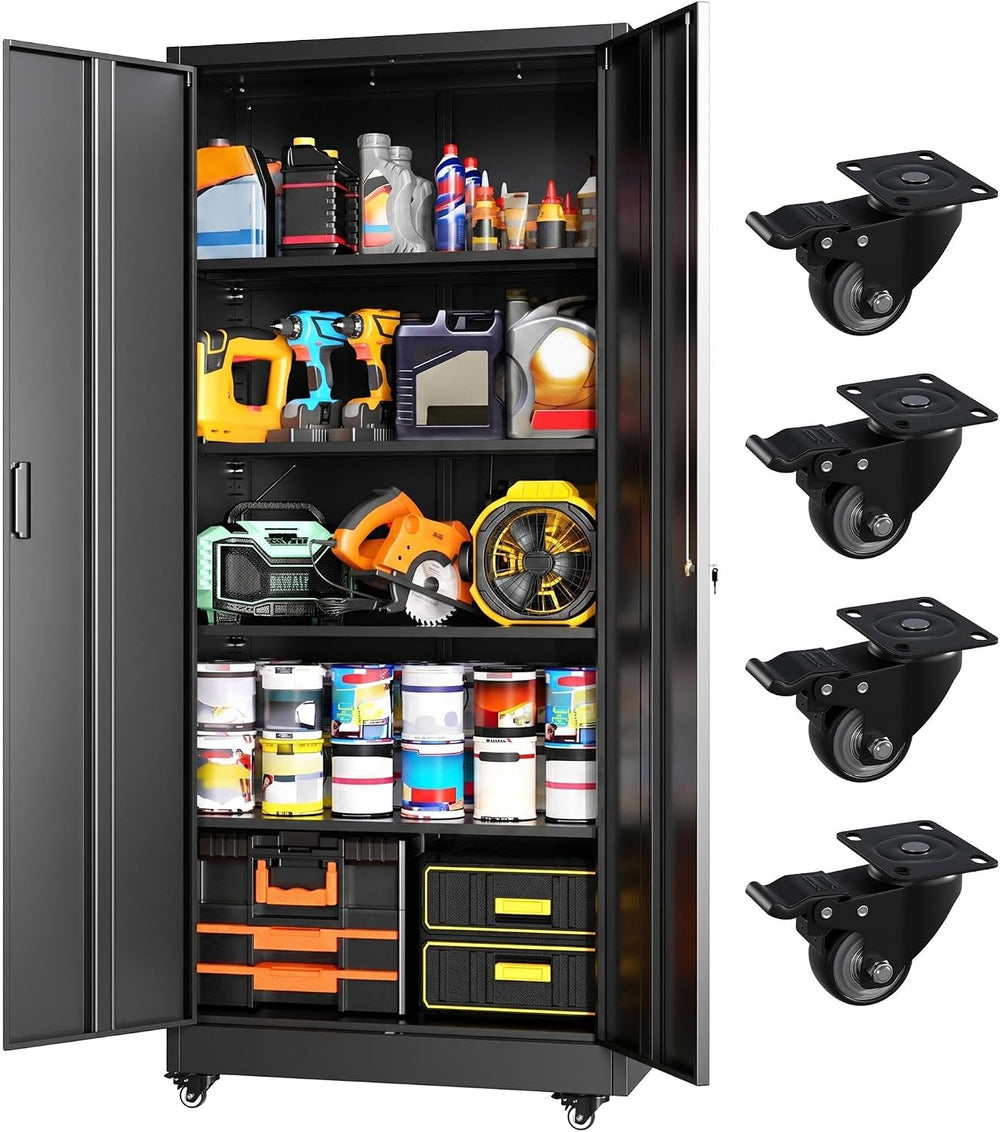 Greenvelly Metal Garage Storage Cabinet with 4 Swivel Wheels, 73" Black ...