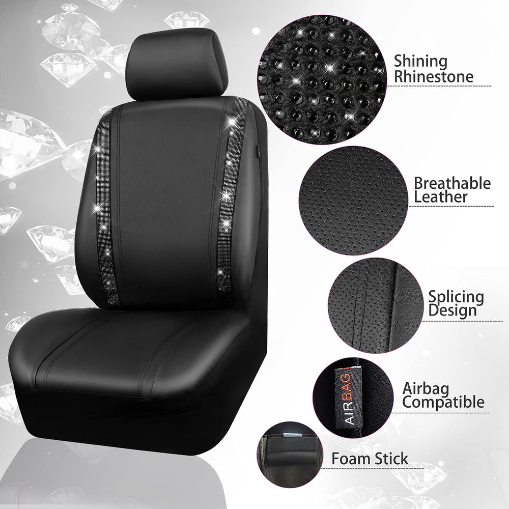 CAR PASS Leather Bling Diamond Car Seat Covers Full Set, Shining Rhinestone W...