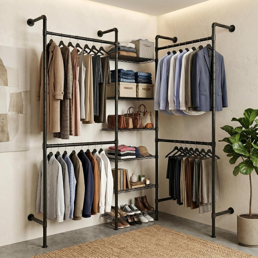F3 Wall Mounted Closet System, Industrial Pipe Clothing Rack for Hanging Clot...