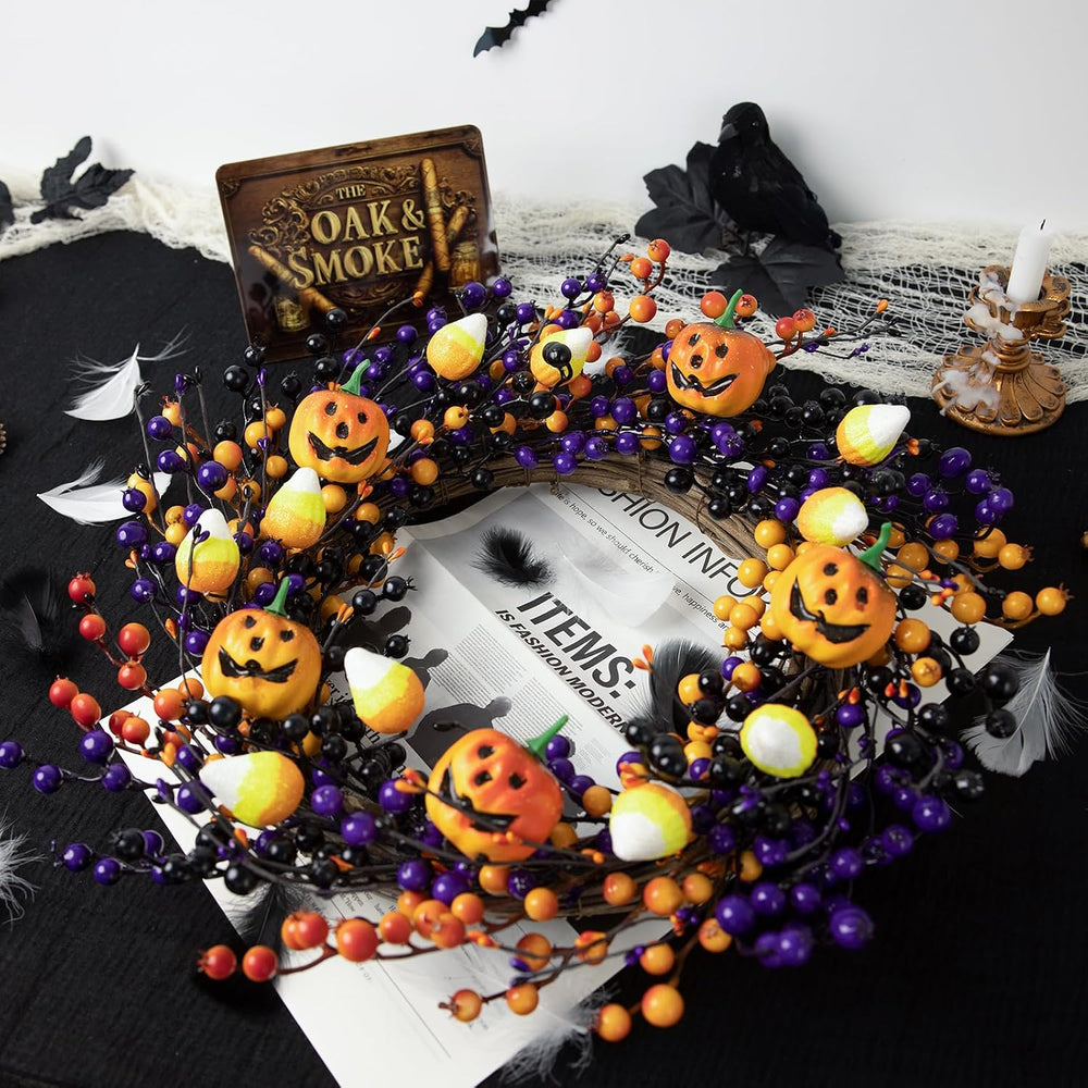 20" Halloween Wreaths for Front Door with Jack-o'-Lanterns and Candy