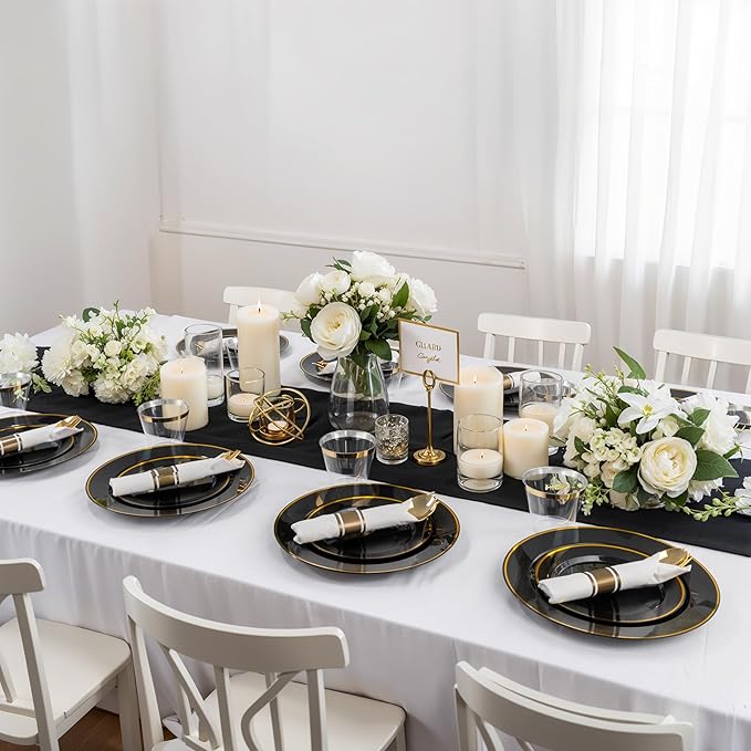SUT 175 Pcs Black and Gold Plastic Dinnerware Set for 25 Guests, Include: 25 ...