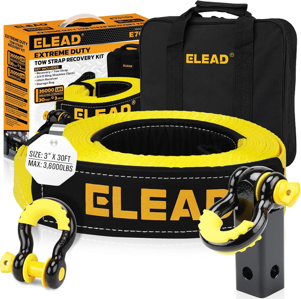 3" x 30Ft Recovery Tow Strap Heavy Duty with Hooks - 36000 LBS Break Str...