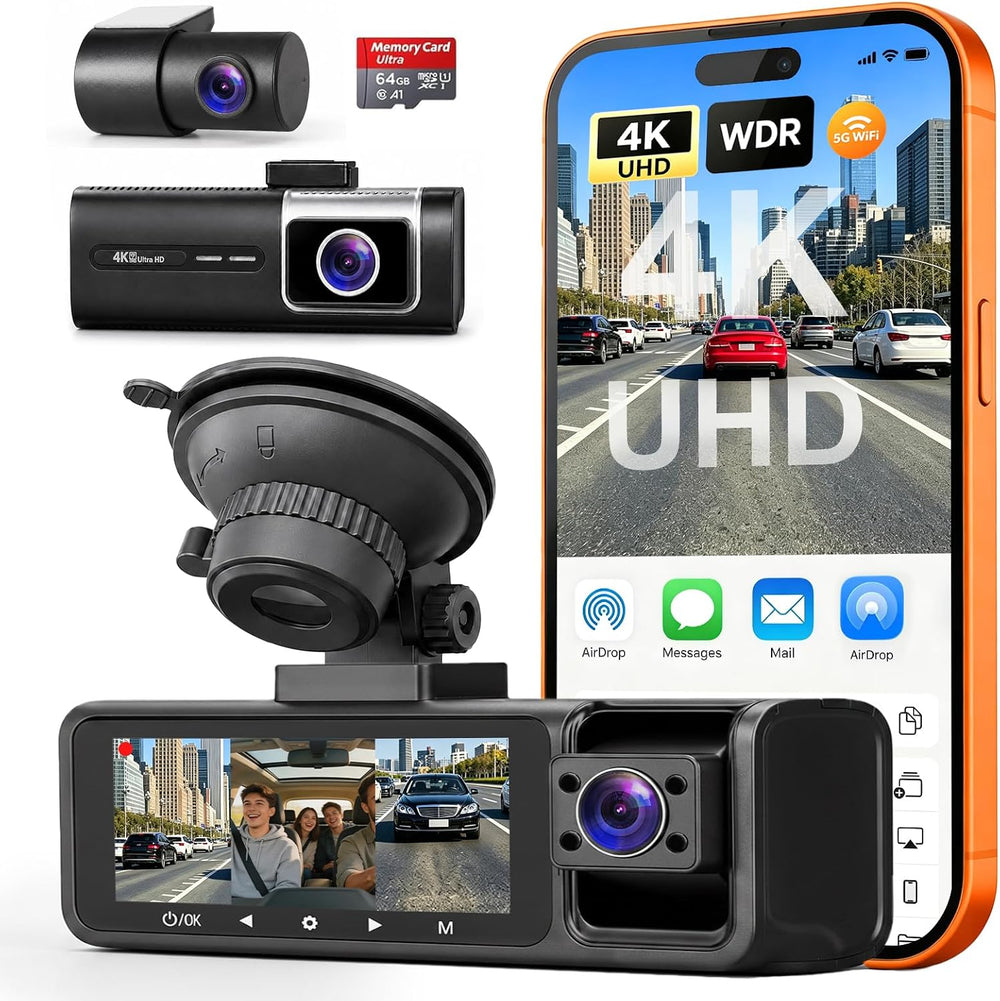 3 Channel 5G WiFi Dash Cam, 4K+1080P+1080P Dash Cam Front and Rear with 64GB ...