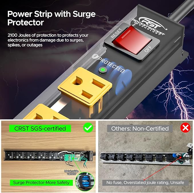 CRST 2Pack 6 Outlet Surge Protector Power Strip 2100J