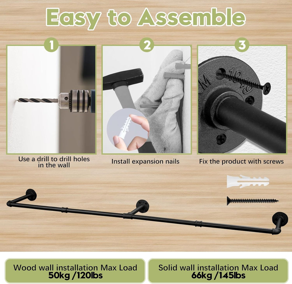 Industrial Pipe Clothing Rack, 66.1" Wall Mounted Clothes Rack Set of 2,...