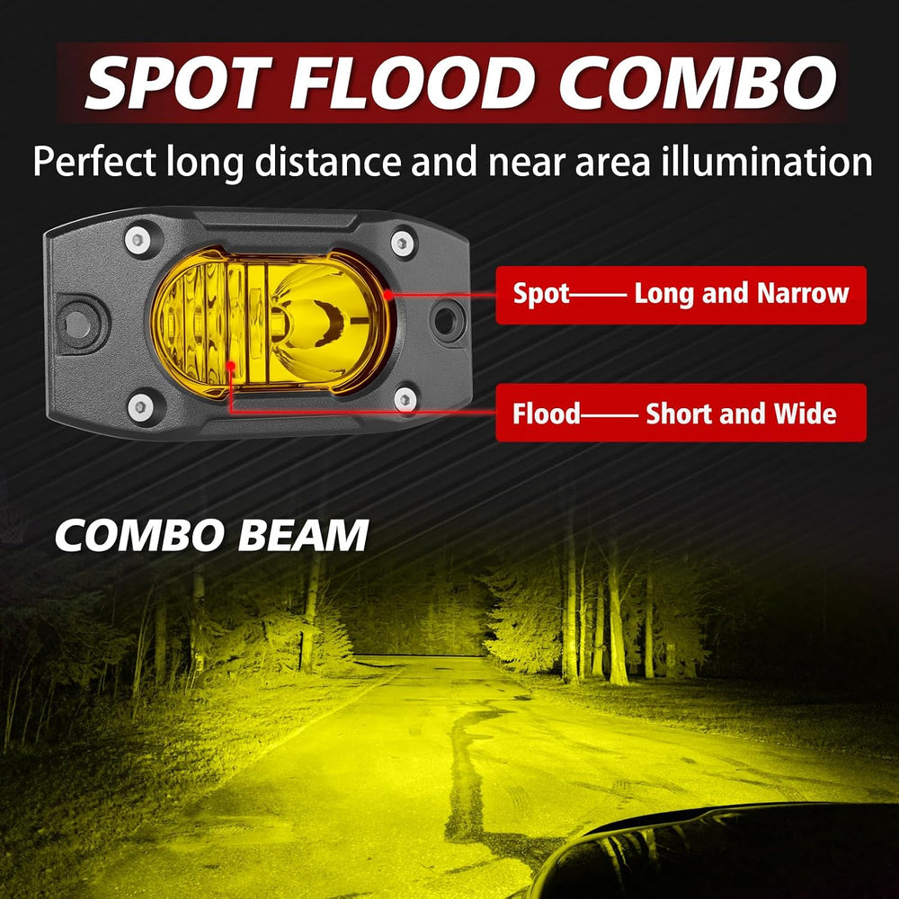 Yellow LED Pods Flush Mount Off Road Lights Driving Fog Light Bar