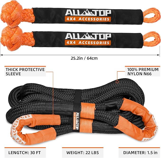 ALL-TOP Kinetic Recovery Rope Kit w/ 2 Soft Shackles, 1.5in x 30ft, Heavy Duty
