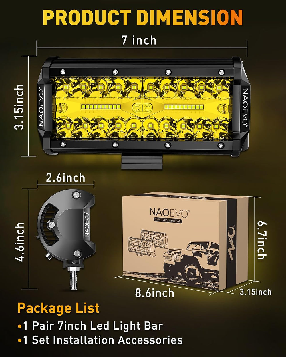 NAOEVO 7 Inch Yellow LED Light Bar, 240W 24,000LM LED Fog Lights, Yellow