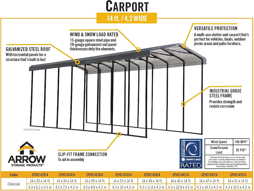 Arrow Carports Galvanized Steel Carport, RV Metal Carport Kit, 14' x 42