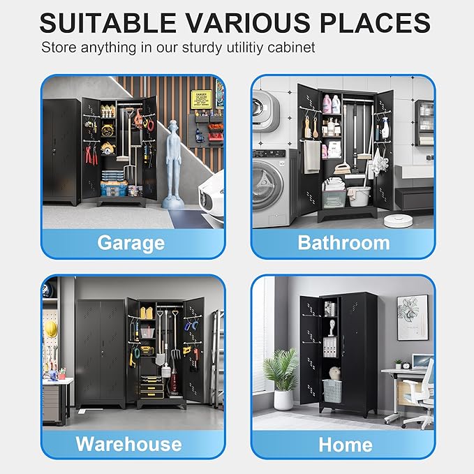 Metal Garage Storage Cabinet, 75” Cleaning Tool Cabinet