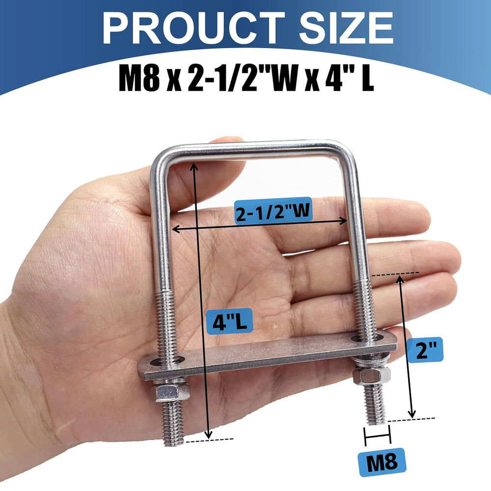 8 Pcs M8 Square U Bolts 2-1/2 Inch Wide, 5/16" x 2-1/2"W x 4" L