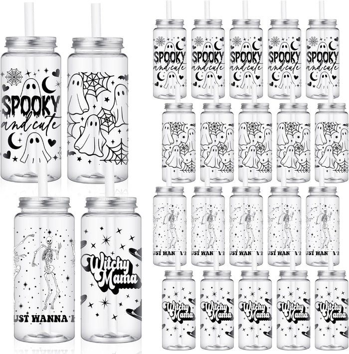 Meanplan 24 Pcs Halloween Ghost Plastic Cup with Lids and Straws Bulk 14 oz
