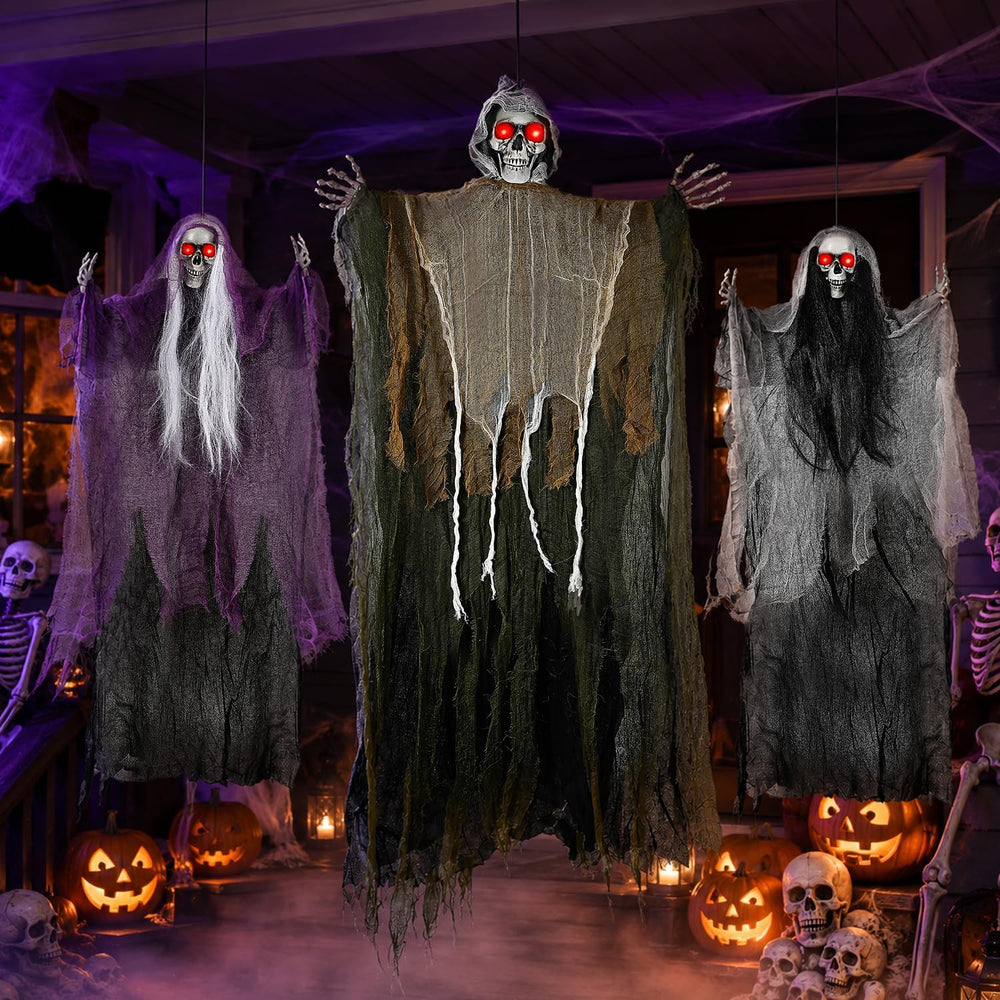 3PCS Scary Hanging Ghosts with Glowing Eyes, Light-Up Halloween Ghost Decorat...