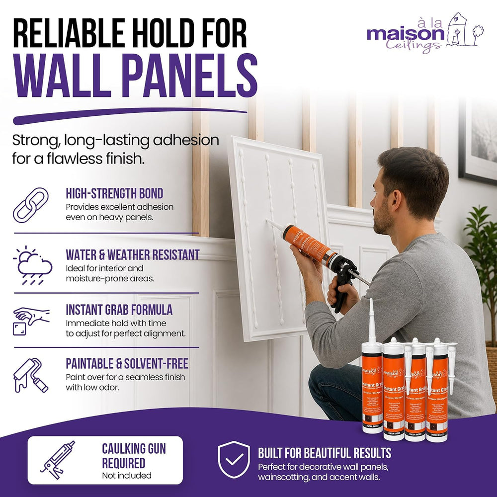 À LA MAISON CEILINGS Instant Grab White Adhesive - Ceiling Tile Wall Panel &a...