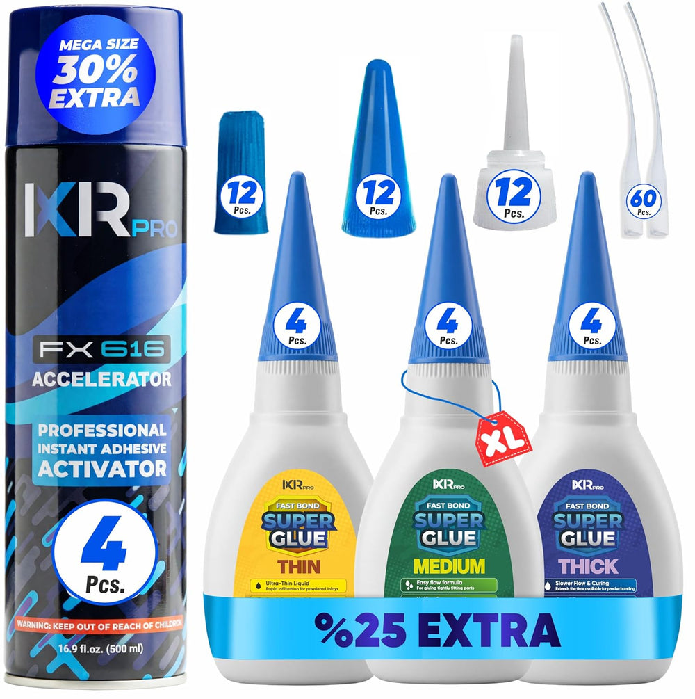 CA Glue with Activator 12x Thin Medium Thick Glue Kit 4X 16.9oz Accelerator
