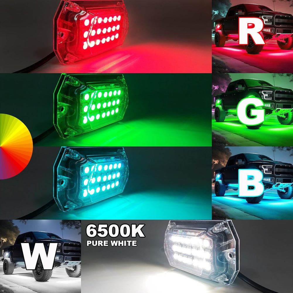 8 Pods Full Angle RGBW LED Rock Lights, 6500K Pure White RGB Rock Light for J...