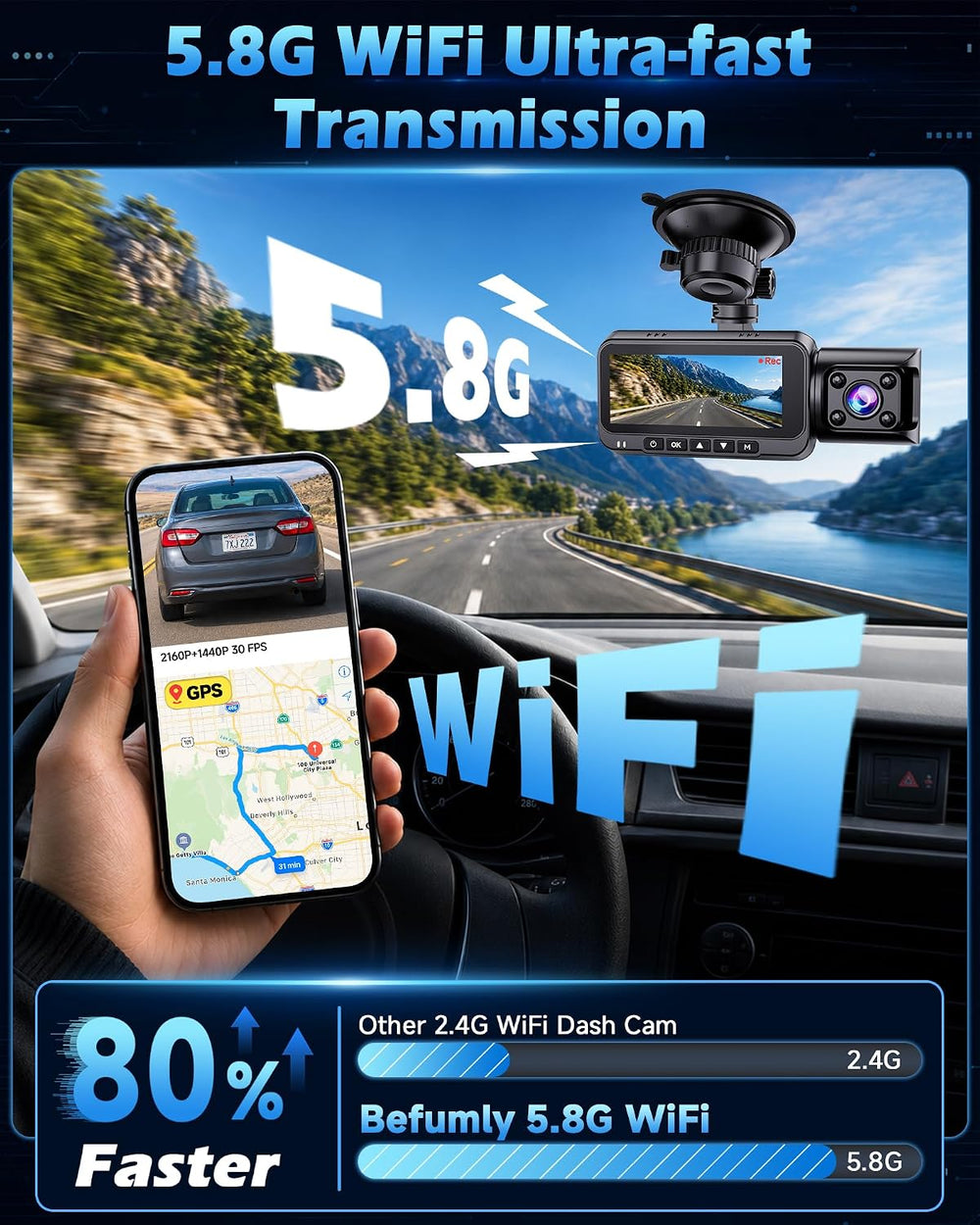 4K+2.5K+1296P 3 Channel Dash Cam: Front Rear Inside Car Camera, 64GB Card