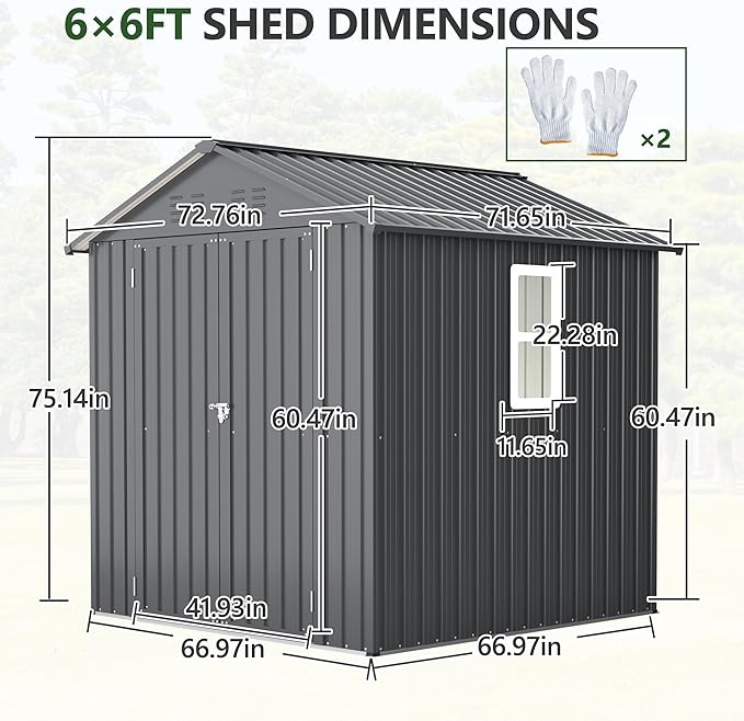 Outdoor Storage Shed, 6 X 6ft Metal Galvanized Steel Garden Shed