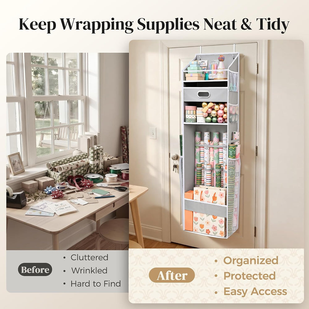 Ordovibe Wrapping Paper Storage Organizer, Over The Door Gift Wrap Holder wit...