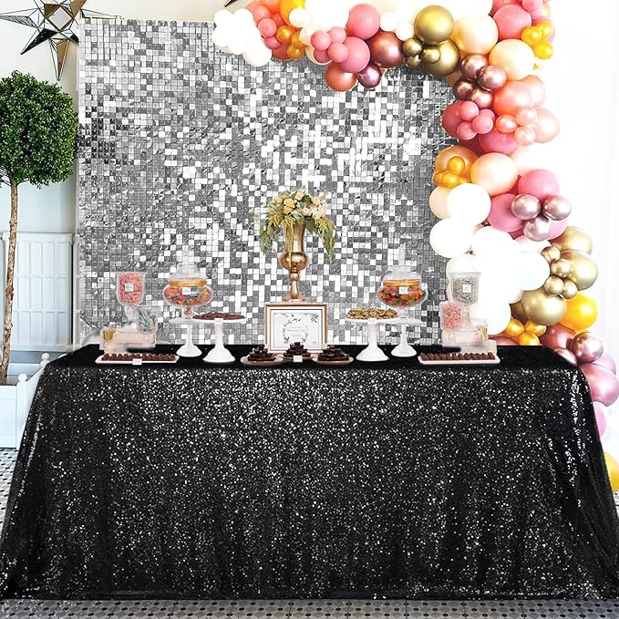 QueenDream Seamless Sequin Tablecloth 90x132 Inch Black Rectangular Tableclot...
