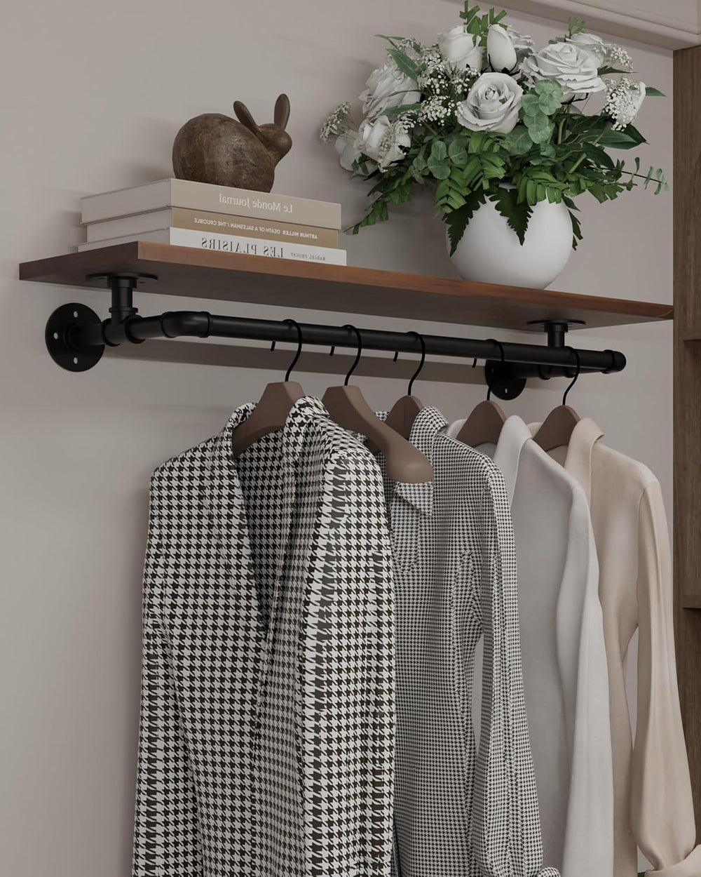 Clothes Rack 36in, Wall Mounted Garment Rack with Real Walnut Wood Shelf, Hea...