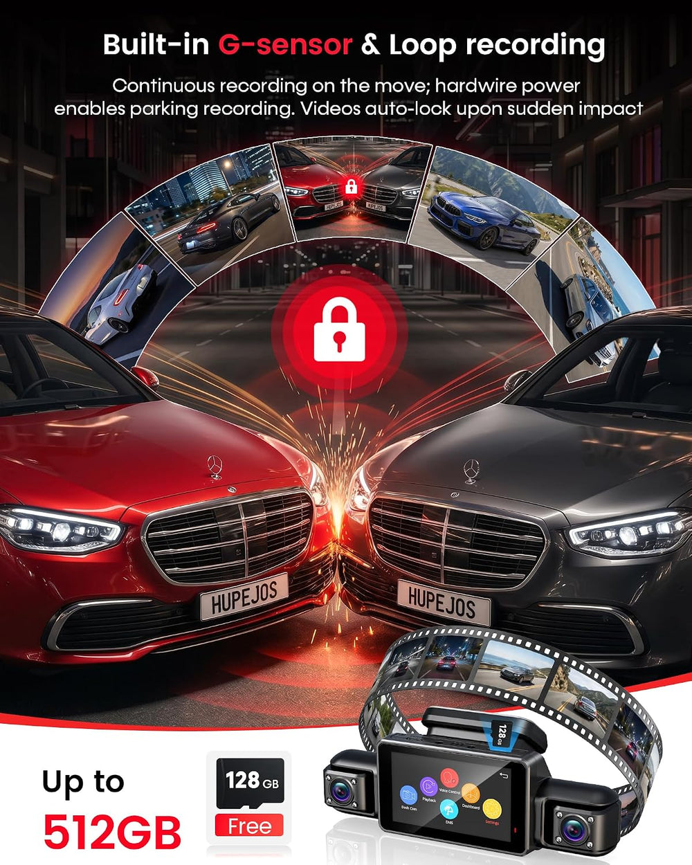 HUPEJOS AI 4K Dash Cam Front and Rear, 360° View 4 Channel Camera for Car