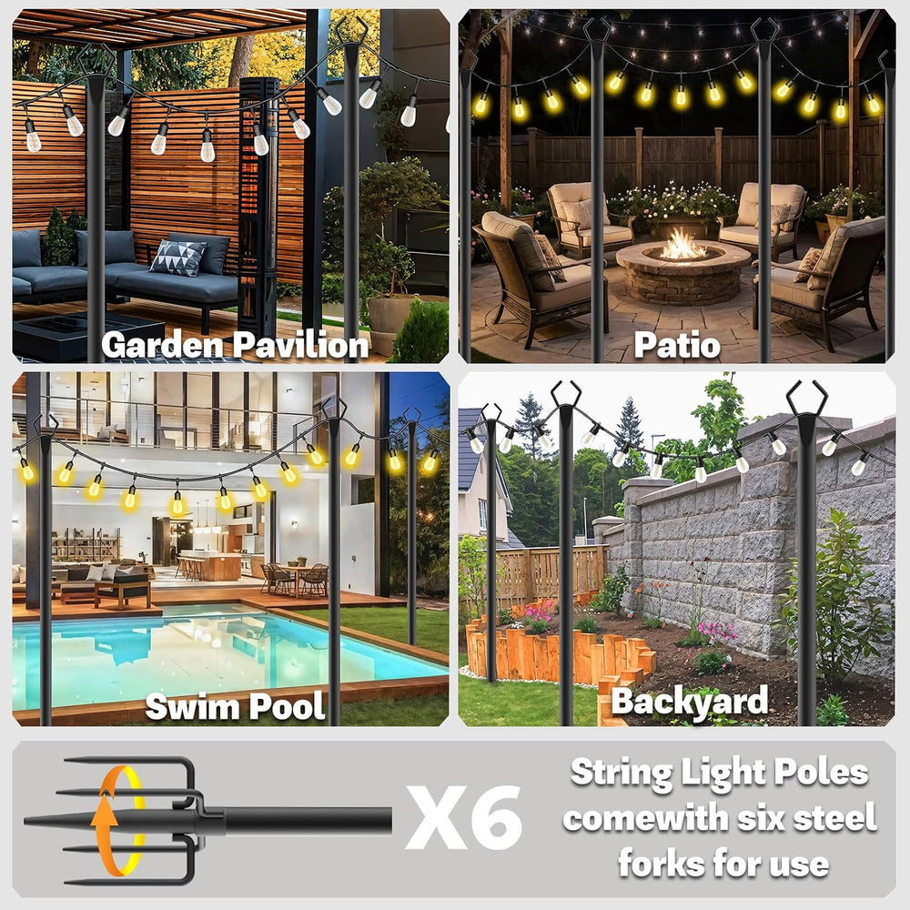 6 Pack 10 ft Heavy Duty Metal String Light Poles Adjustable Outdoor Lighting ...