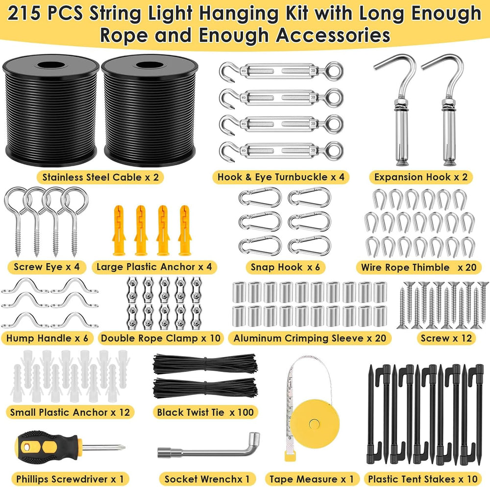 Flasoo 215Pcs String Light Hanging Kit, Outdoor Light Guide Wire Rope with 24...