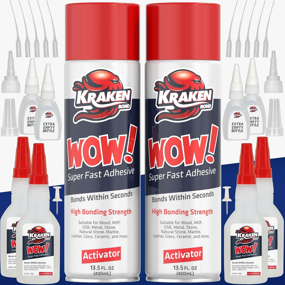 Kraken Bond Wow! CA Glue Set (4x3.5 oz) with Activator (2x13.5 oz) –Super Fas...