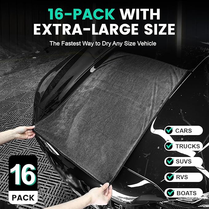 16-Pack Bulk Microfiber Towels for Cars, Super Absorbent Car Drying Towel