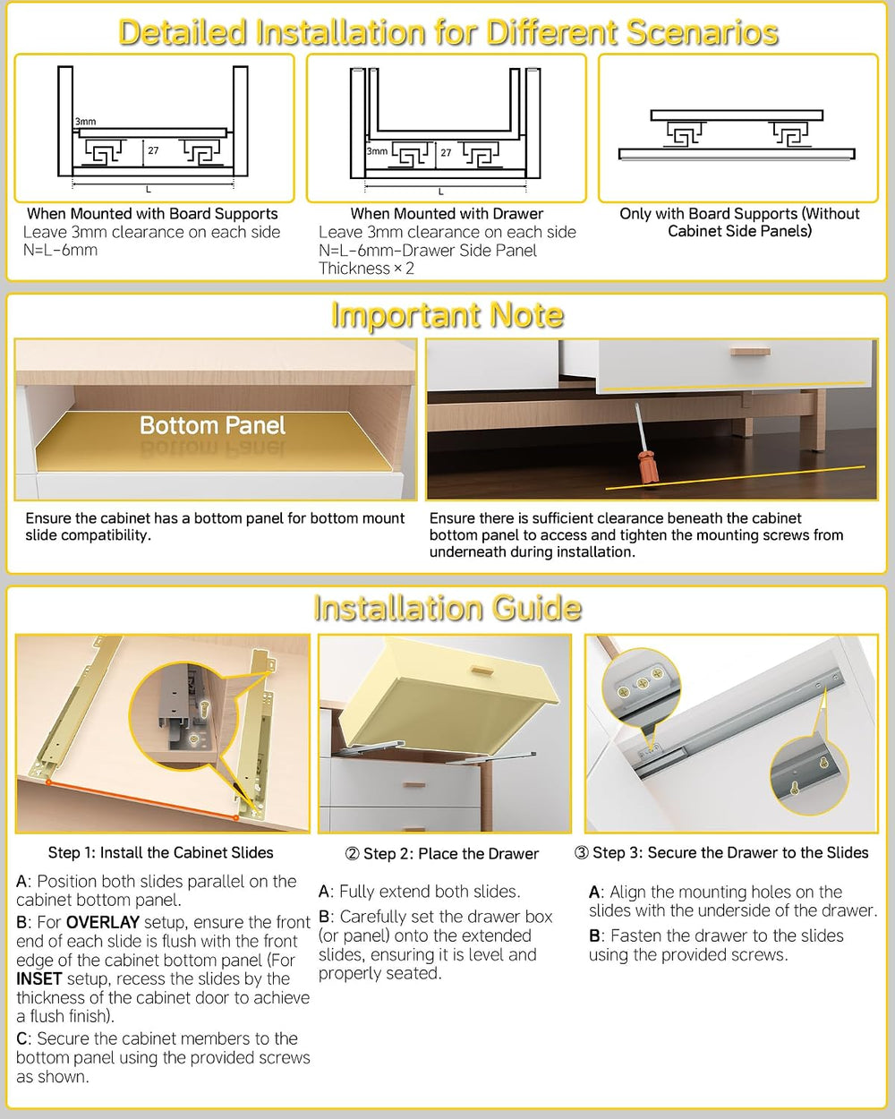 Onemake 18" Bottom Mount Drawer Slides, Soft Close Full Extension, 6 Pairs