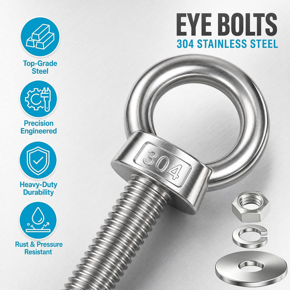 8 Pack M10 Stainless Steel Eye Bolts with Nuts and Washers, 3/8" x 2&quo...