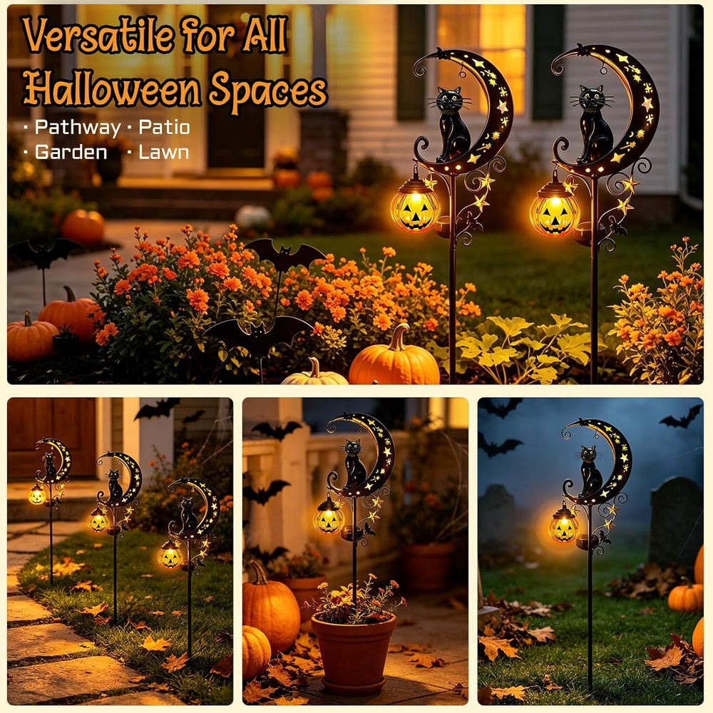 Solar Halloween Black Cat Pumpkin Moon Garden Stake Light Outdoor Decor