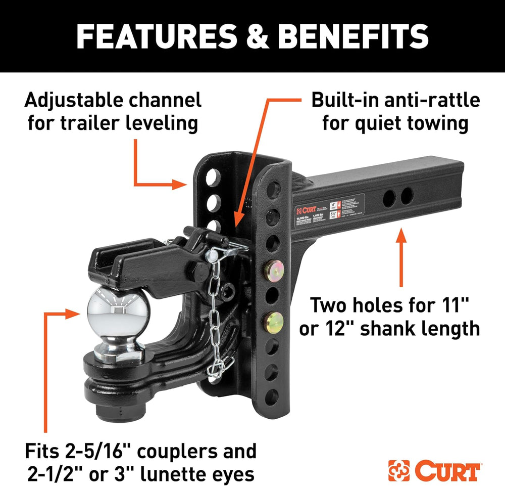 CURT 45907 Adjustable Ball and Pintle Channel Mount, 2" Shank, 13,000 lb