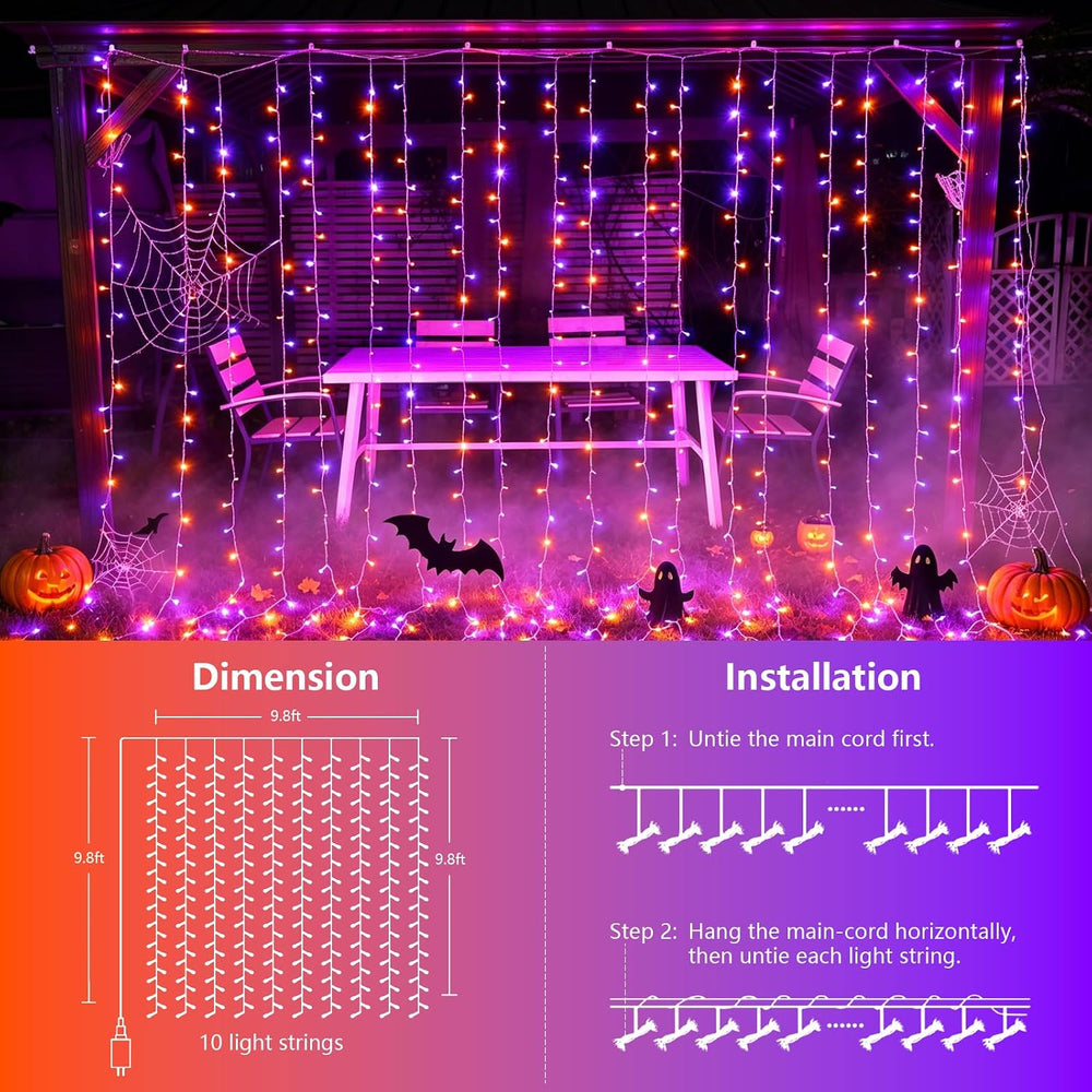 YEGUO 300 LED Orange and Purple Halloween Lights, Curtain Lights Plug in, 8 M...