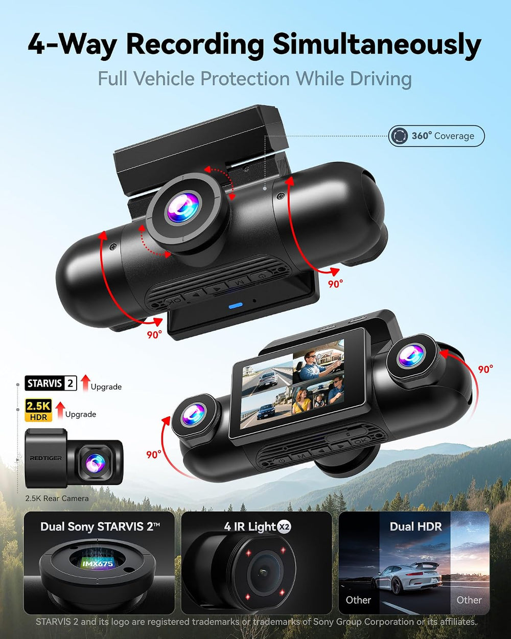 REDTIGER VP40 4 Channel 360° Dash Cam, Dual STARVIS 2, 8 IR Night Vision