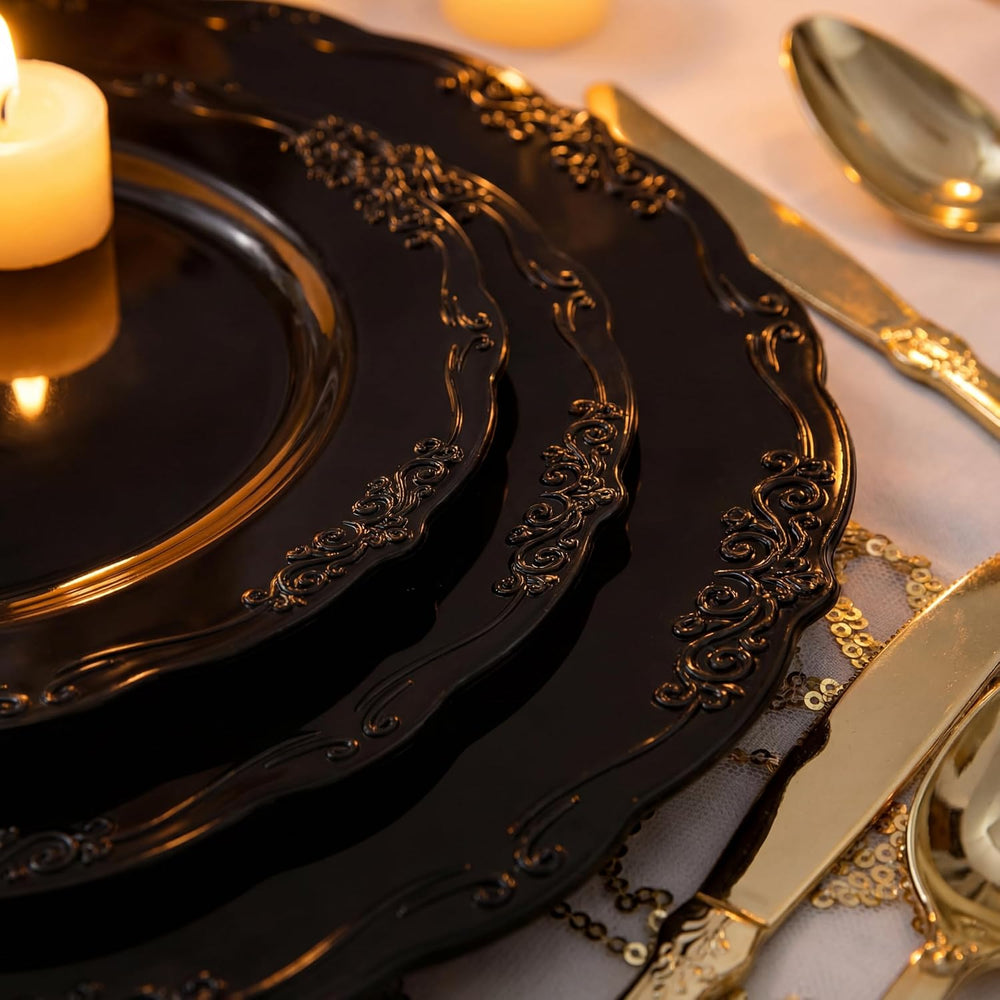 U-QE 100PCS Black Plastic Plates, Heavy Duty Black Plates Halloween