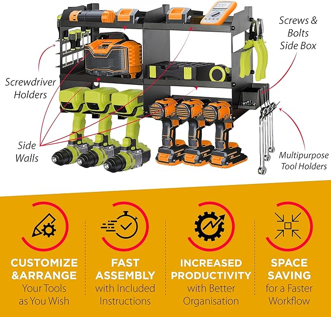 GRG Tools Heavy-Duty Power Tool Organizer – Wall Mounted Drill Rack