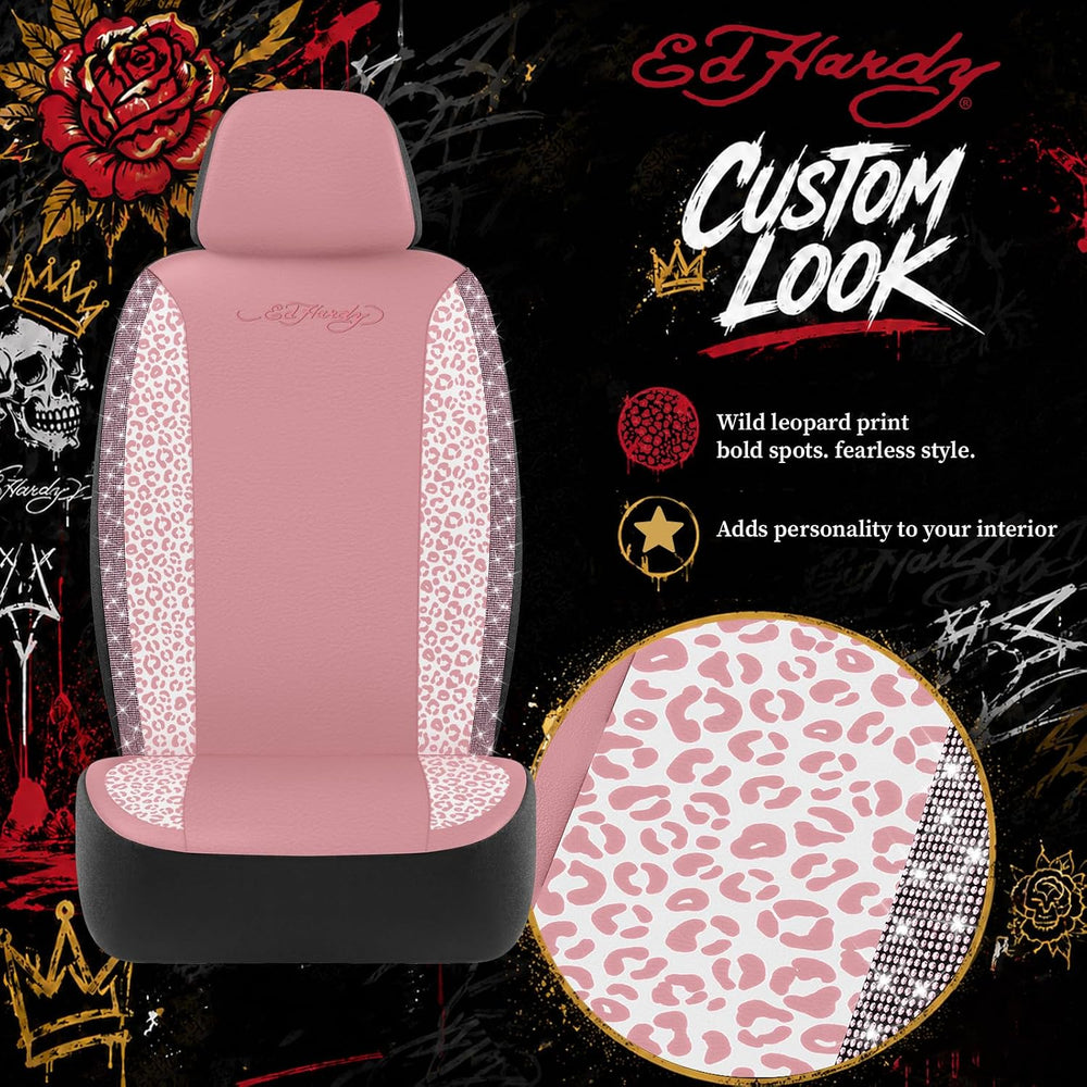 ED HARDY Car Seat Covers, Pink Leopard Print with Pink Rhinestone Trim, Styli...