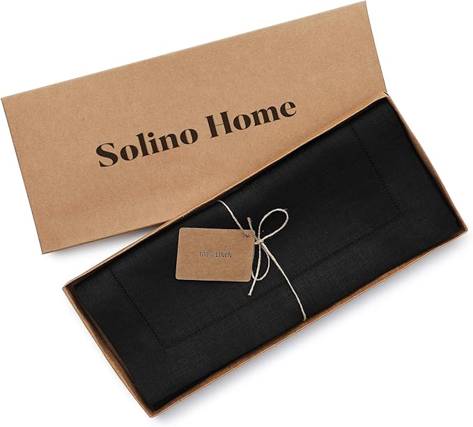Solino Home Linen Black Table Runner 60 Inches - Classic Hemstitch, 100% Pure...