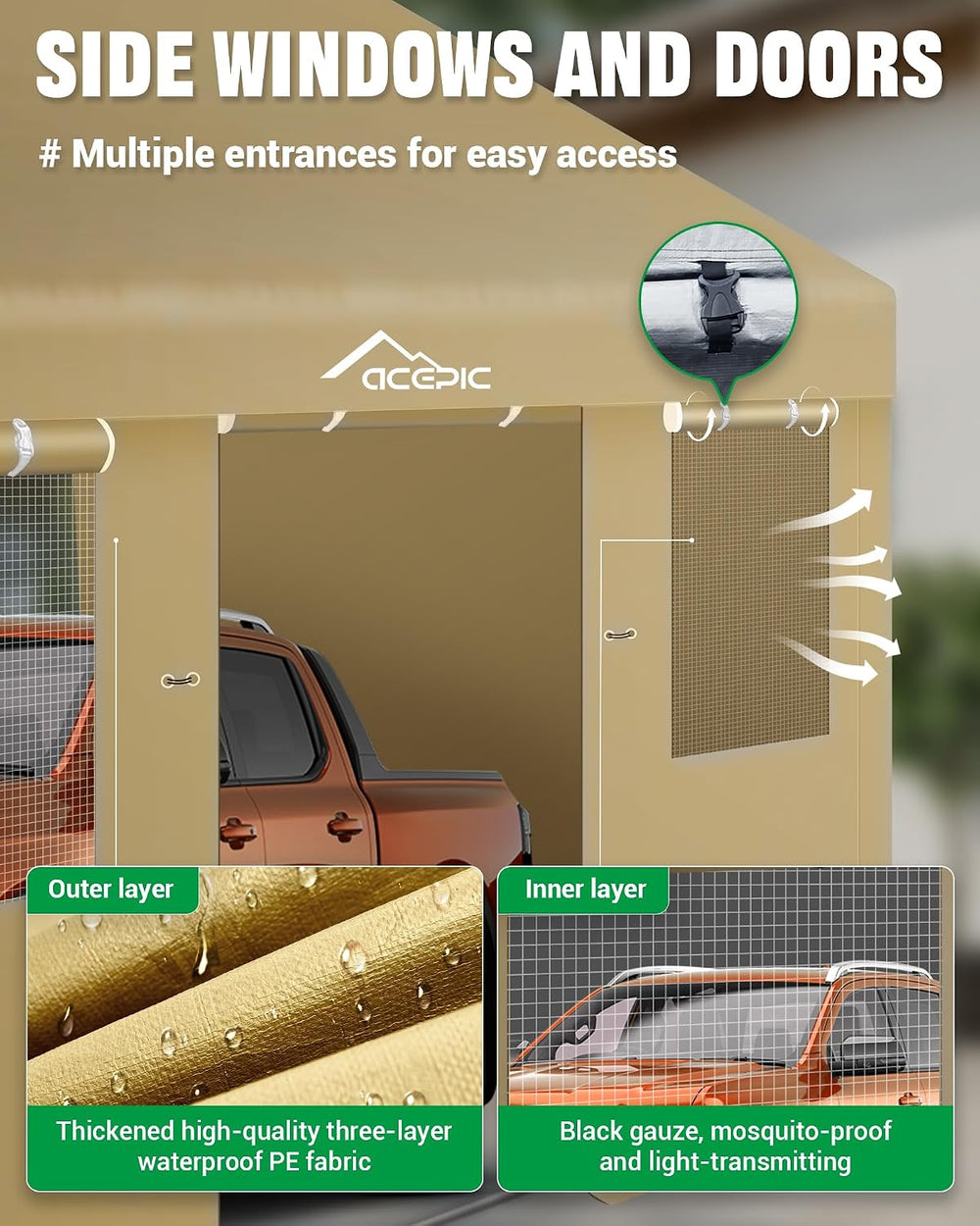 ACEPIC Upgraded 13x20ft Heavy Duty Drive-Through Carport, Khaki