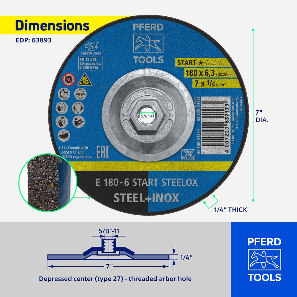 PFERD Start STEELOX, 7" x 1/4" x 5/8"-11, Grinding Wheel, Pack...