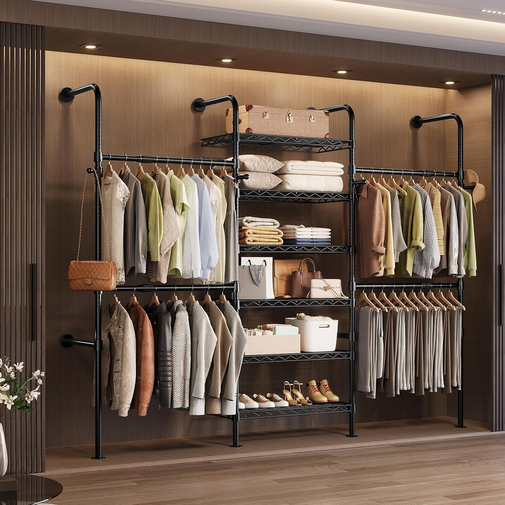 Wall Mounted Closet System, Heavy Duty 3-Row Clothes Rack, Expandable Industr...