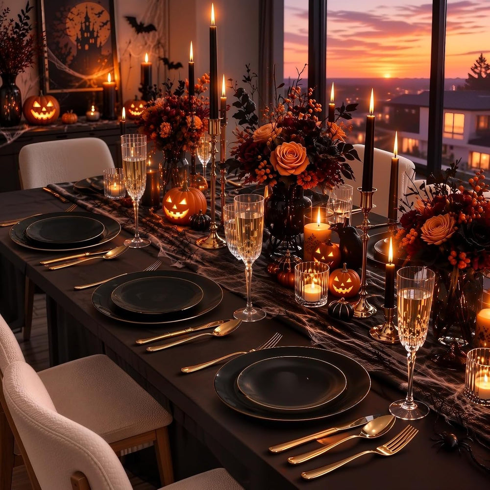 WDF 150PCS Black Plastic Plates - Black and Gold Halloween Plates Disposable ...