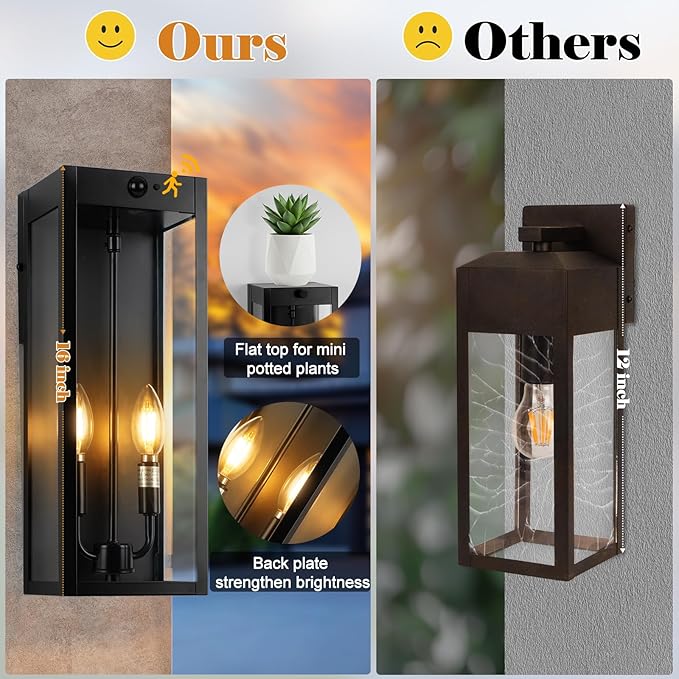 Black Motion Sensor Outdoor Lights 2-Light, 16” Modern Dusk to Dawn Sensor (2...