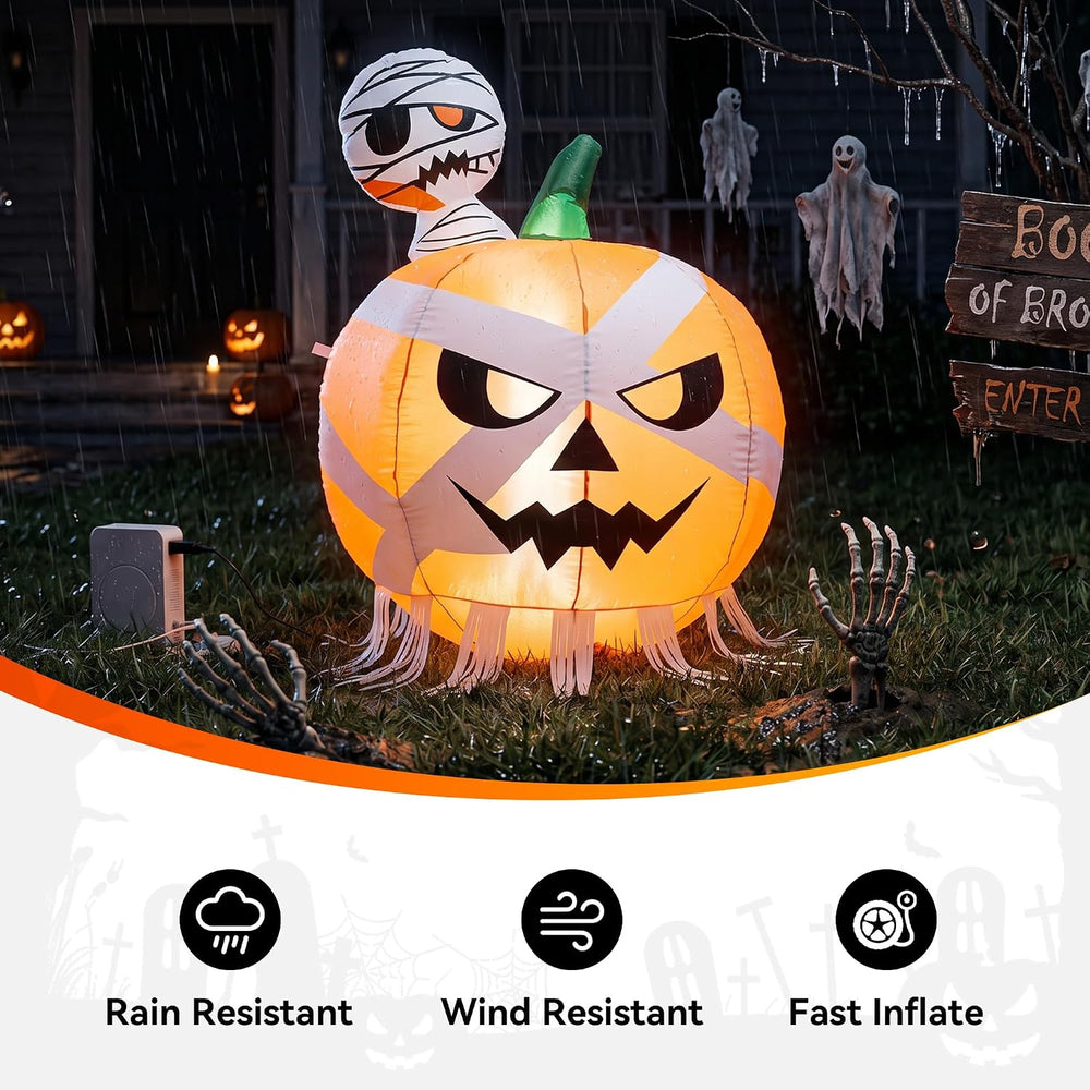 4FT Halloween Inflatables Pumpkin with Mummy Outdoor Decorations with Built-i...