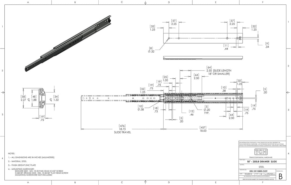 TCH Hardware 18 Inch Heavy Duty 250 lb Steel Drawer Slides - 3/4" Wide -...